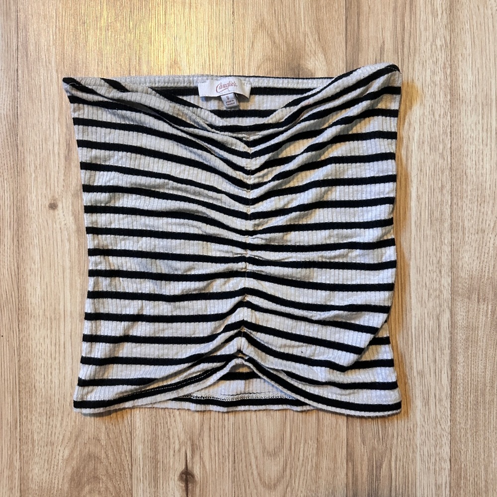 Candies Y2K Black White Stripe Ruched Strapless Tube Top Shirt Women's Small